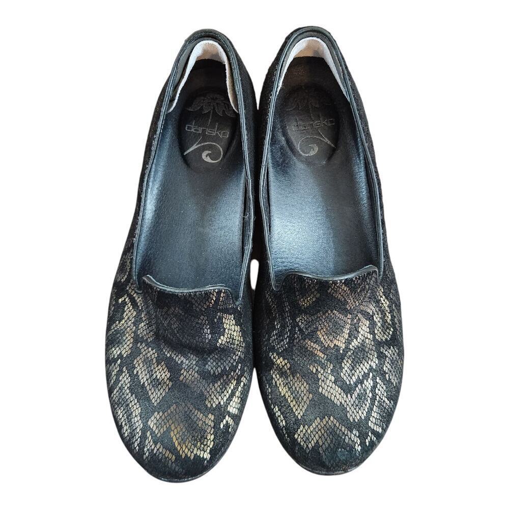 Dansko Eu 41 Us 10.5-11 womens snake skin print slip on shoe black gold leather